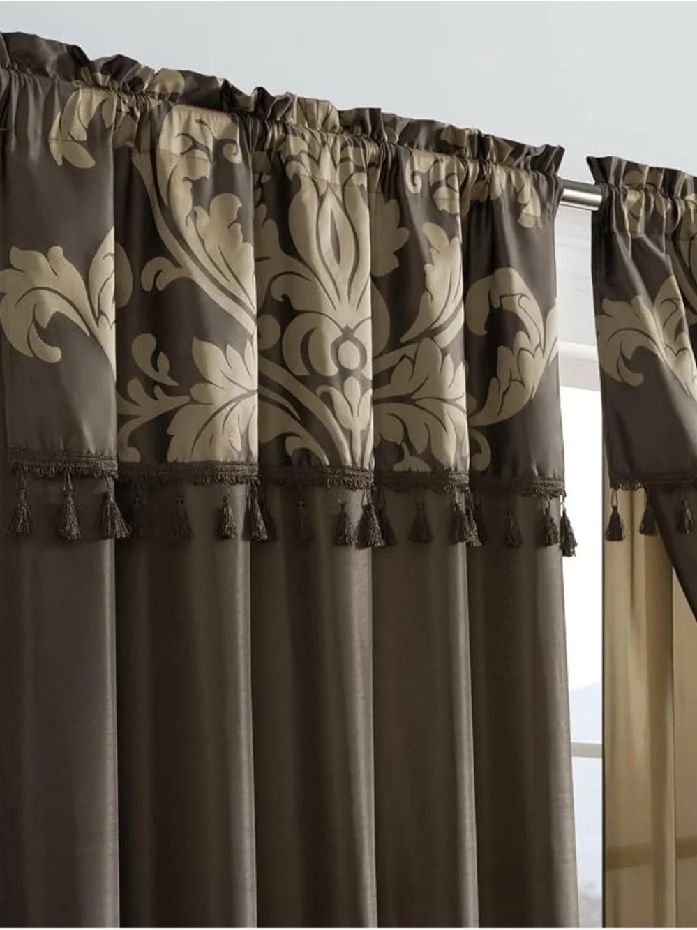Elegant Two-Tone Tassel Valance Curtain Panel in Brown and Beige